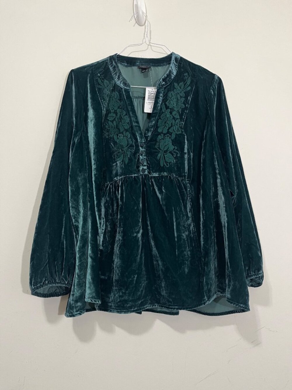 Torrid Velvet Embroidered Long Sleeve Blouse Deep Teal 1X Goth Whimsygoth Boho